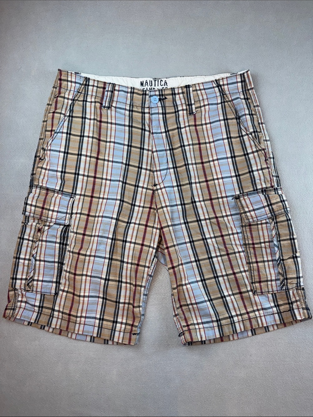 Nautica Tan and Blue Plaid Cargo Shorts Size 36